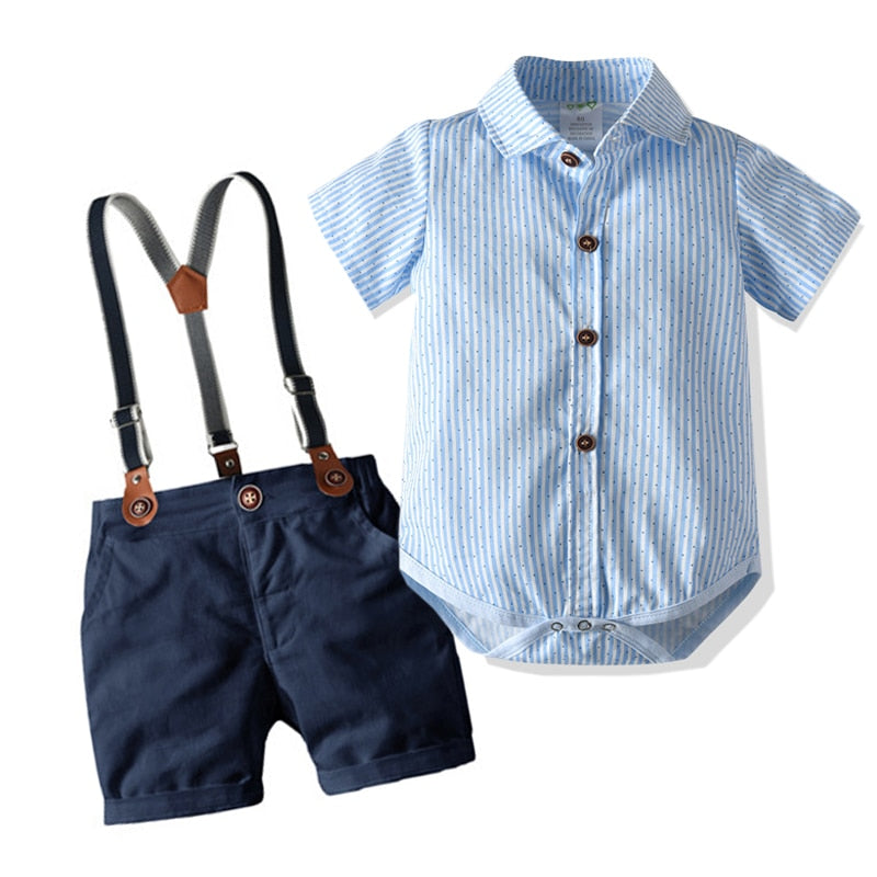 Ensemble bleu rayé short à bretelles et chemise pour bébé garçon